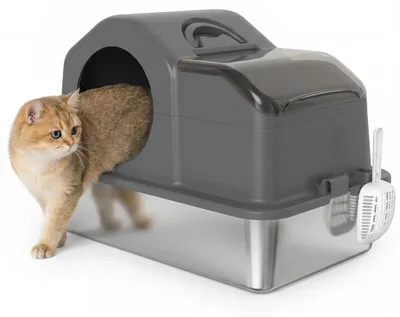Produktbild von Große Katzentoilette - Geschlossene Katzenklo Box - Extra Geräumig - Edelstahl Wanne - Abnehmbarer Deckel - Hoher Rand - Leicht zu Reinigen - Für Große Katzen - Hellgrau