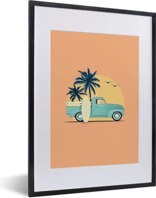 Produktbild von MuchoWow® MuchoWow® Gerahmtes Poster Auto - Palme - Surfbrett - Sommer 30x40 cm - Poster mit zchwarzem Bilderrahmen - Wandposter Schlafzimmer