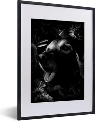 Produktbild von MuchoWow® Gerahmtes Poster Botanischer Hund auf dunklem Hintergrund - schwarz und weiß 30x40 cm - Poster mit Schwarzem Bilderrahmen Wandposter Rahmen Foto Bilder - Wandposter Schlafzimmer