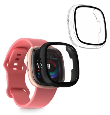 Produktbild von kwmobile 2x Glas Hülle für Fitbit Versa 4 / Sense 2 Schutzhülle - Fullbody Fitnesstracker Case Set aus Glas - Transparent Schwarz