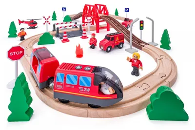 Produktbild von Batteriebetriebene Eisenbahn mit Brücke, Holz/Kunststoff-Schienen, 60 Teile