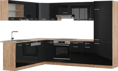 Produktbild von Eckküche Vicco R-Line Schwarz Hochglanz/Goldkraft Eiche 287 x 46 cm ohne Arbeitsplatte, Model 40972