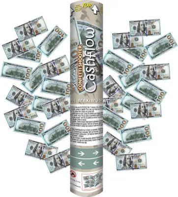 Zdjęcie produktu dla Wyrzutnia konfetti Vulcan Cashflow - Zestaw 3 sztuk - Kolorowe papierowe banknoty - Zasięg wystrzału 5-8 m - Zabawa imprezowa
