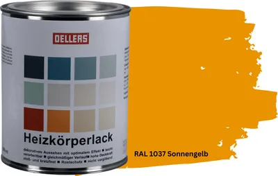 Produktbild von OELLERS Heizkörperlack DIY 1L – RAL 1037 Sonnengelb | Heizkörperfarbe & Heizungsfarbe | Hochdeckender Heizungslack | Hitzebeständig & langlebig