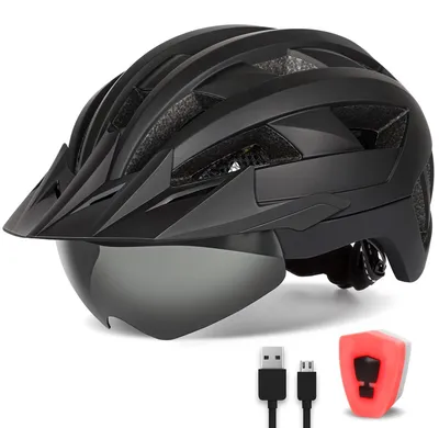 Productafbeelding van FUNWICT Fietshelm met vizier voor heren en dames, lichtgewicht fietshelm met magnetische brilhouder en USB-oplaadbare LED-lamp, stijlvolle mountainbikehelm (maat M: 54-58 cm, zwart)
