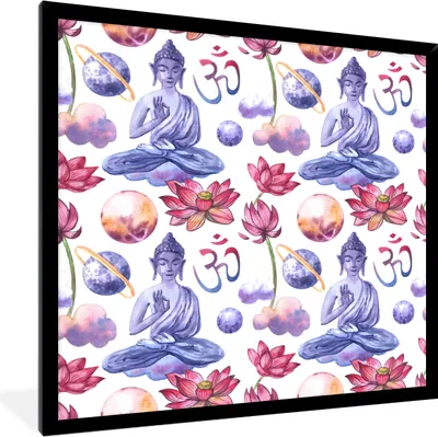 Produktbild von MuchoWow® MuchoWow® Gerahmtes Poster Buddha - Muster - Blumen 40x40 cm - Poster mit zchwarzem Bilderrahmen - Mit Rahmen - Wanddekoration Schlafzimmer