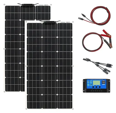 Obrázok produktu pre Flexibilný solárny panelový systém s výkonom 200 W a napätím 12 V, vrátane regulátora nabíjania, pozostávajúci z 2 kusov monokryštalických panelov s výkonom 100 W