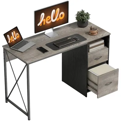 Productafbeelding van Bureau - Computerbureau - 120 x 50 cm - Industrieel design - Metalen frame & hout - 2 lades + open vak - Krasbestendig - Draagvermogen tot 75 kg - Lichtgrijs