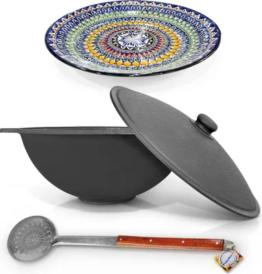 Produktbild von Uzbekisch Kazan Gusseisen Kasan 22 L Kochtopf Schaumlöffel WOK Asia Pfanne