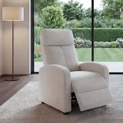 A recliner chair is shown in a well-lit room with a large window overlooking a garden.