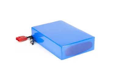 A blue lithium-ion battery pack with connectors on a white background.
