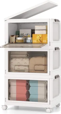 Immagine prodotto di COSTWAY 105L scatola pieghevole con coperchio, set di 3 scatole di plastica, contenitori con ruote e sportelli, scatole impilabili, 48x34x82cm, bianco