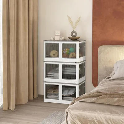 Produktbild von SUGIFT Aufbewahrungsbox 3er-Set, klappbar mit Rollen, faltbare Stapelbox, Weiß | 60 x 42 x 34 cm | 8,5 kg | 5-seitiger Zugriff