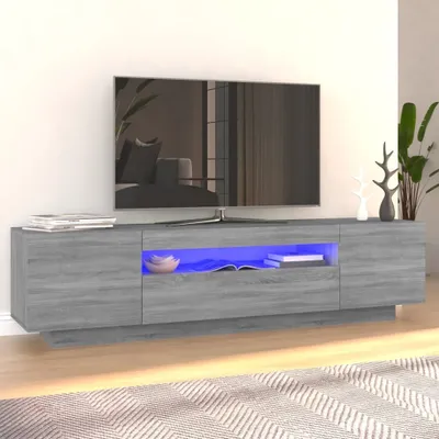 A modern TV stand with blue LED lighting, featuring a television on top.