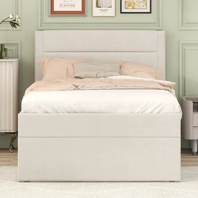 A bed with a headboard and bedding in a room.
