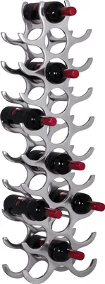 A silver wine rack holding several bottles of red wine.