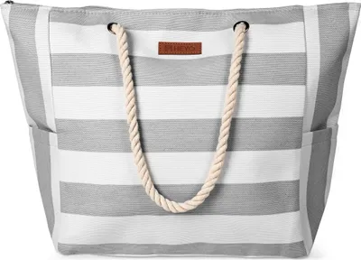 Produktbild von Strandtasche Damen Große Badetasche mit Reißverschluss Freizeittasche Sommer Tasche Gestreift Shopper Bag Einkaufstasche XXL Grau