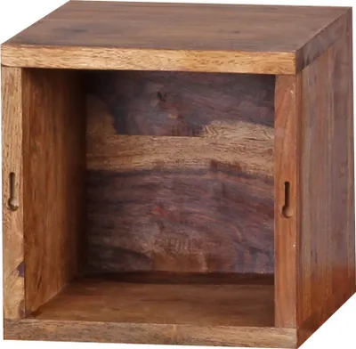 A single wooden cube shelf is shown against a white background.