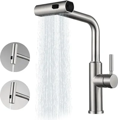 A modern kitchen faucet with water spraying from its head, shown with two inset circular views of the faucet's spray head.
