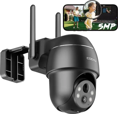 Image de COOAU 5MP Caméra de surveillance extérieure Batterie, 355°|120° PTZ WLAN IP Caméra extérieure sans fil avec vision nocturne couleur, 4DBi, capteur PIR, détection de personnes, audio 2 voies, fonctionne avec Alexa, IP66