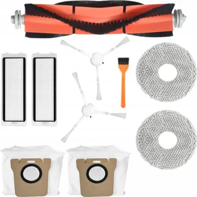 A collection of replacement parts for a robot vacuum cleaner, including a roller brush, filters, side brushes, cleaning pads, and dust bags.