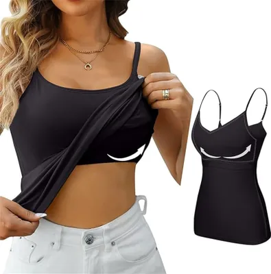 Produktbild von ASKSA Damen Unterhemd BH Hemd Basic U-Ausschnitt Eingebauter BH Tank Top, Schwarz, Groesse: XXL