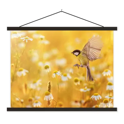 Produktbild von MuchoWow® Textilposter Vogel - Kohlmeise - Blumen - Gänseblümchen 40x30 cm mit schwarzem Rahmen - Dekorationen