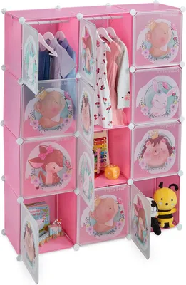 Produktbild von Kinderkleiderschrank – 2 Kleiderstangen – Türen mit Tierapplikationen – 145x110x37 cm – Modulares Kleidersystem – Rosa