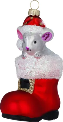 Produktbild von Christbaumschmuck Glas 11,4cm Maus in Nikolausstiefel Figur Rot / Weiß
