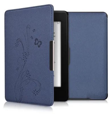 Produktbild von kwmobile Schutzhülle für Amazon Kindle Paperwhite Hülle - eReader Flip Case mit Auto Sleep Funktion - Ranken Schmetterling mit Dunkelblau