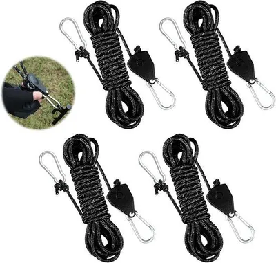 Image de Corde de camping réfléchissante avec tendeur à cliquet réglable, longueur 4 m, résistante au vent, avec crochet et tendeur