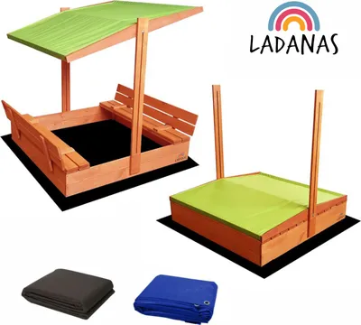 Produktbild von Ladanas® Sandkasten Holz-  IMPRÄGNIERT -120 x 120 cm  -Sandkiste Kinder incl. VLIES und ABDECKPLANE - faltbaren Bänken & verstellbarem Dach (grün)- UV50- & Sonnendach