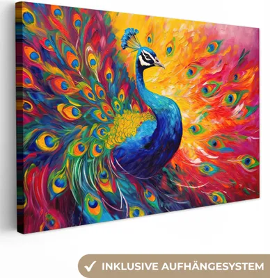 Produktbild von MuchoWow® - Leinwandbilder - Pfau - Kunst - Malerei - Pfauenfedern, Wandbild, Wanddeko Bilder Wohnzimmer, 120x80 cm