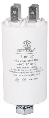 A white cylindrical capacitor with metal prongs at the top and a nut at the bottom, set against a white background.