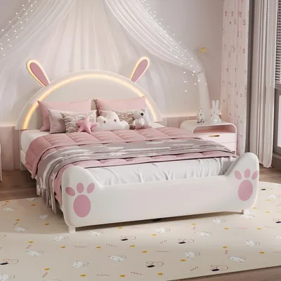 Produktbild von Kinderbett 140x200 cm mit LED, Polsterbett mit Hasenohren-Kopfteil, Samtstoff, Holzlattenrost, Bettgestell in Weiß/Rosa, ohne Matratze