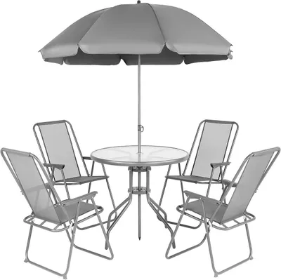A garden furniture set with a round table, four chairs, and an umbrella, presented on a white background.