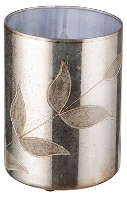 Immagine prodotto di Candela decorativa cilindrica, modello "Bosque", motivo a foglie, in vetro, color argento, confezione da 2, altezza 20 cm, diametro 15 cm. Codice prodotto: 51146. Codice EAN: 4063387511466