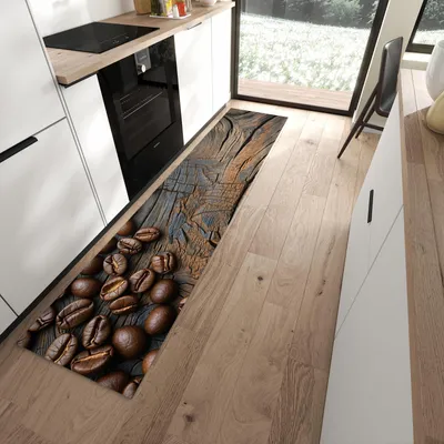 Produktbild von Küchenläufer 60 x 270 cm Braun rutschfest & waschbar – Küchenteppich Bohnenrahmen auf Holz PVC Teppichläufer Küche