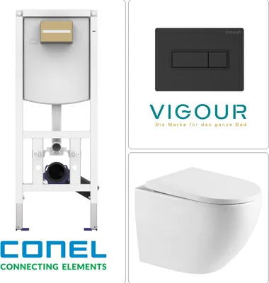 Produktbild von Wand-WC mit Tornado-Spülung, SoftClose WC-Sitz und CONEL WC Vorwandelement mit VIGOUR TEES Betätigungsplatte, schwarz matt
