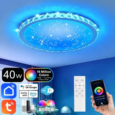 Produktbild von 40W Smart WIFI RGB LED Deckenleuchte, 40cm Dimmbar Sternenhimme Deckenlampe, RGB Kristall Deckenlampe,Dimmbar mit Fernbedienung oder APP-Steuerung