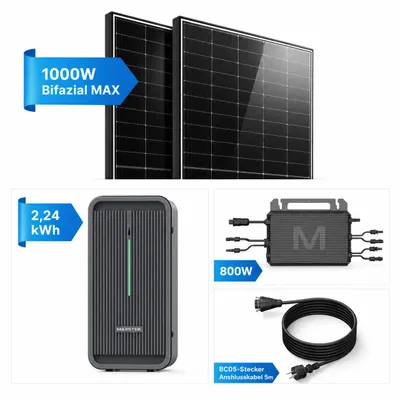 Produktbild von Balkonkraftwerk 1000W mit 2,24kWh Speicher, Marstek B2500-D, 2x500Wp bifaziale Solarmodule, 800W Mikrowechselrichter, 5m Anschlusskabel, Komplettset