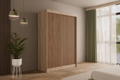 Produktbild von ALTDECOR Kleiderschrank mit Lamel-Schiebetüren, kugelgelagerte Führungsschienen und Aluminium-Leisten - VILANv2 - 150 cm Sonoma Eiche + Sonoma Eiche + Lamelle Eiche Wotan