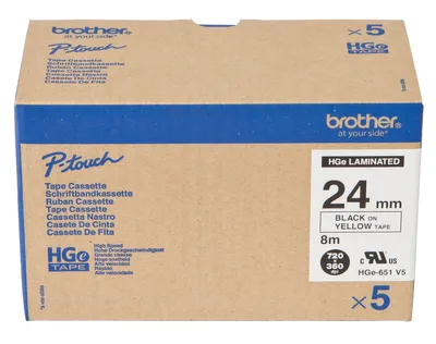 Produktbild von Brother HGE-651V5 - Schwarz auf Gelb - Rolle (2,4 cm x 8 m) 5 Kassette(n) laminiertes Band - für P-Touch PT-9500pc, PT-9700PC, PT-9800PCN, P-Touch R RL-700S
