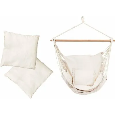 A hanging swing chair with two cushions, presented on a white background.
