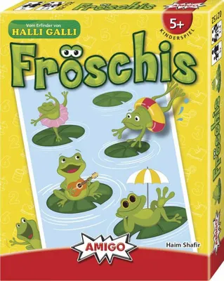 The image shows the front of a board game box with cartoon frogs on lily pads.