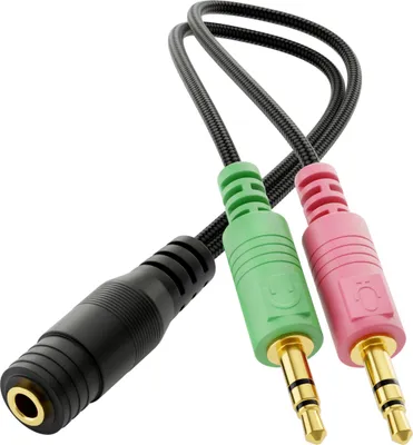 Produktbild von deleyCON Headset PC Laptop Adapter Audio Klinken Y Adapter Kabel Stereo - 1x 3,5mm Klinke Buchse CTIA 4 Polig TRRS auf 2x 3,5mm Klinke Stecker - Smartphone Headset an PC oder Laptop