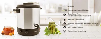 Image de Cocotte-minute ETA Granny Article n° : ETA112790000 Cocotte-minute en acier inoxydable avec minuterie et température réglable, convient aussi comme autocuiseur avec bec verseur
