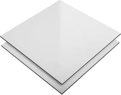 Two white panels with black edges are stacked diagonally against a white background.