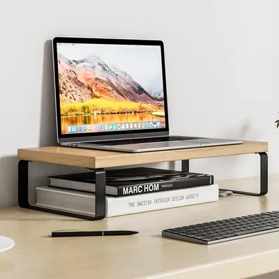Image de Support pour écran en bois avec rangement, surélévation de bureau pour PC/ordinateur portable, dimensions 30x20x8 cm, aspect bois, couleur noire
