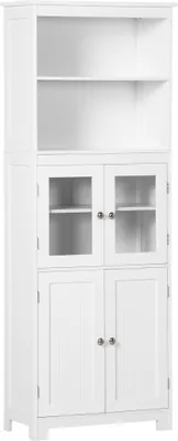 Image de HOMCOM Armoire de cuisine buffet cuisine vaisselier meuble de rangement avec 2 niches, 2 placards avec 4 portes dont 2 portes vitrées, étagère réglable - dim. 60I x 30P x 162H cm blanc